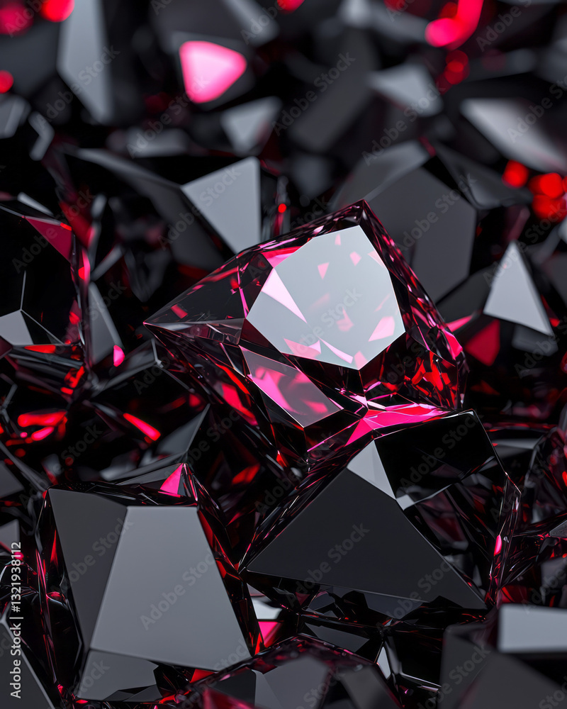 Poster a minimalist abstract artwork capturing metallic polygonal geometry in striking shades of glossy