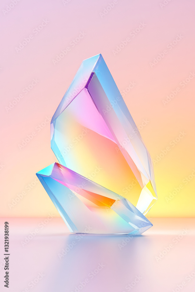Poster a minimalist futuristic digital rendering of vibrant pastel-colored polygonal geometry with glossy,
