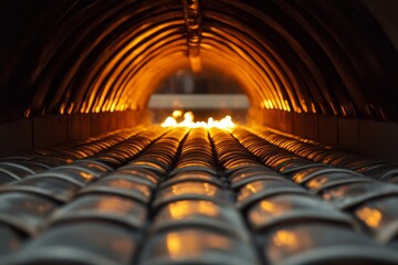 Kiln interior with glowing flames and heated ceramic tiles in industrial setting