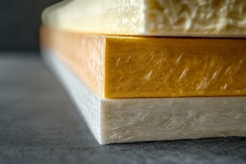 Textured layers of fiberglass insulation on smooth concrete surface