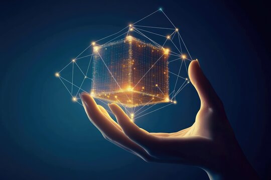 Hand holding glowing cube connected by lines - Powered by Adobe