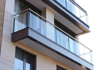 Modern apartment building facade with glass balconies and minimalist design
