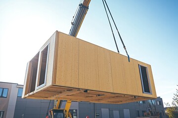 Modular wooden building installation with crane on construction site