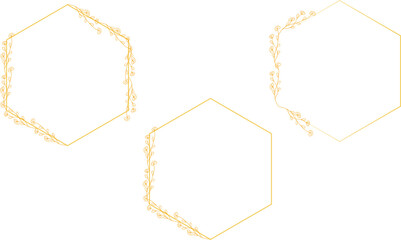 Floral polygonal frame with leafy twigs elements, depicted in hand drawn sketch, doodle style. Golden geometric frame suitable for weddings or greeting cards.