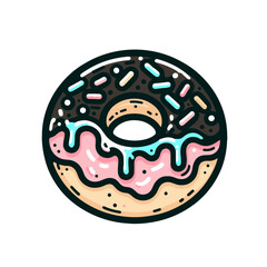 Obraz premium Glazed donut with chocolate drizzle and sprinkles in flat design. Vector illustration ideal for bakery branding, dessert menu graphics, or food blog illustrations.