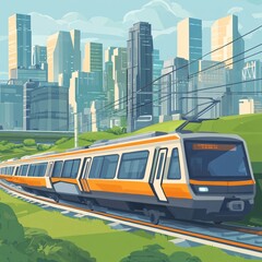 Dynamic train journey through a modern city urban landscape digital art vibrant environment aerial view transportation concept