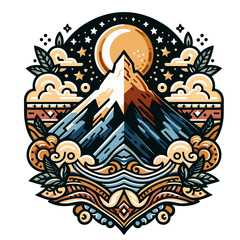 Mystical mountain landscape with snow-capped peaks, moon and clouds in decorative circular frame vector illustration.