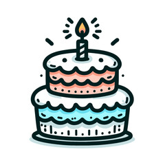 Two-tiered birthday cake with candle, frosting and decorative patterns in pastel colors. Vector illustration ideal for bakery branding, party invitation designs, or celebration event promotions.