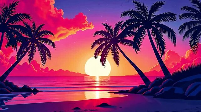 Bright tropical beach with palm trees silhouette at sunset background. Vivid retrowave and vaporwave wallpaper. Summer landscape. Vacation and travel concept, cartoon vector style