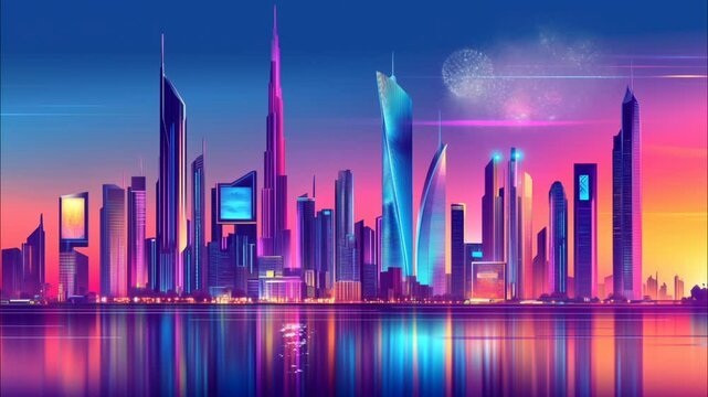 Futuristic neon city skyline with modern skyscrapers reflecting on water at sunset, vibrant cyberpunk illustration, seamless looping 4K time-lapse animation video background