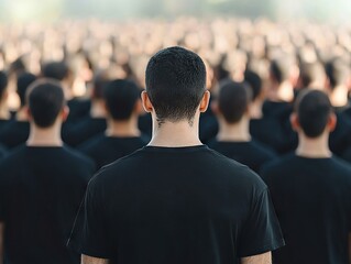 Fototapeta premium Mass gathering of individuals in black attire urban setting photography focused perspective community concepts