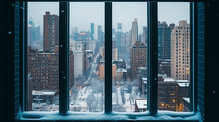 A view through a window overlooking a quiet, snow-covered cityscape