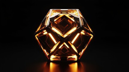 Illuminated metallic geometric structure is centered against black background