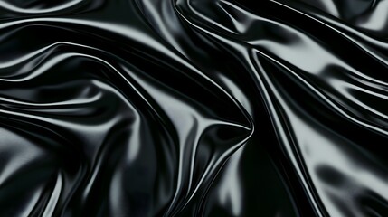 Glossy Black Satin Fabric with Soft Waves and Creases Detail