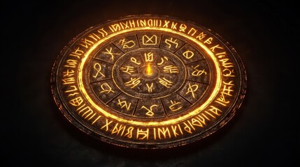 Fototapeta premium A glowing ancient circular stone tablet with runes and symbols