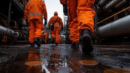 Group of Workers in Orange Suits Walking on Wet Road Under Gray Sky