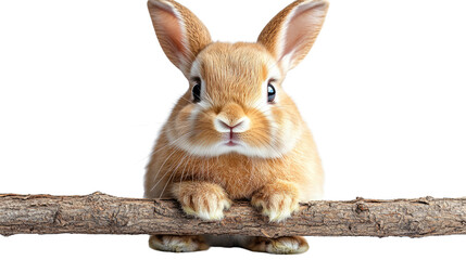 Obraz premium Adorable Bunny Peeking Over Branch: A cute, fluffy bunny with long ears and innocent eyes peers playfully over a natural branch, exuding charm and curiosity