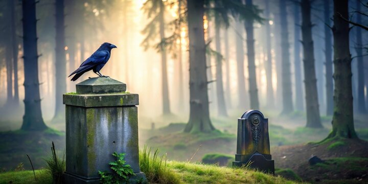 A crow perches on top of a weathered gravestone in a misty forest setting at dawn, tree, nature,  tree, nature, mist