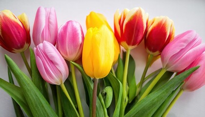 Vibrant Spring Blooms Stunning Pink, Yellow, and Red Tulips Arranged in a Fresh Bouquet Against a Soft Natural Backdrop, Radiating Joy and Elegance.