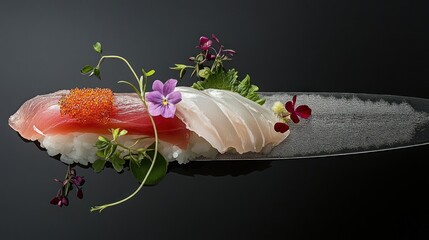 Exquisite sushi trio with floral garnish