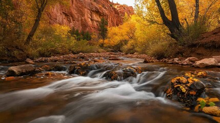 Autumn stream flows, canyon walls, yellow leaves, peaceful nature scene, fall background