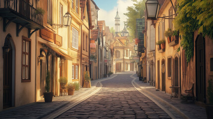 Fototapeta premium A vintage street scene with cobblestone streets and antique street lamps