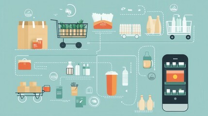 Grocery order flow infographic illustrating selection, checkout, packaging, delivery, and customer satisfaction in a modern design