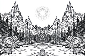 Fototapeta premium Majestic mirrored mountains, tranquil lake, pine forest, mystical sun; nature poster