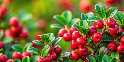 Obraz premium Low angle shot of bright red berries of bearberry cotoneaster with lush green leaves in a forest background , berry, bearberry cotoneaster