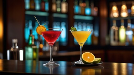 Distinct cocktails placed on a glossy, dark bar counter