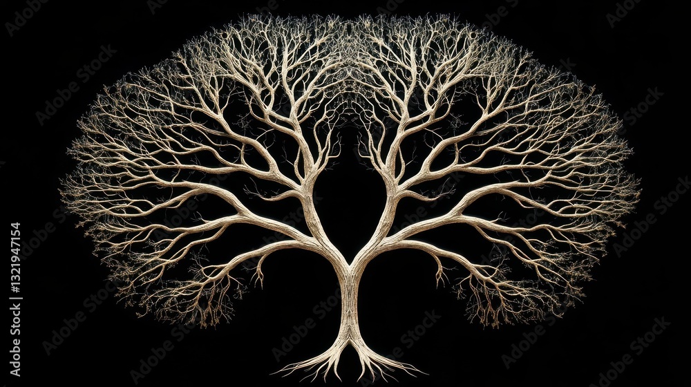 Poster symmetrical tree image with many intricate branches on black background