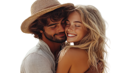 Warm Embrace of Summer Love: A close-up portrait of a smiling couple bathed in natural light, capturing the essence of happiness, affection and intimacy.