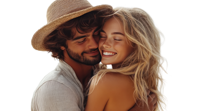 Warm Embrace of Summer Love: A close-up portrait of a smiling couple bathed in natural light, capturing the essence of happiness, affection and intimacy.