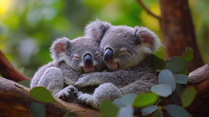 Fototapeta premium Adorable Koala Couple Snuggling on a Eucalyptus Tree Branch