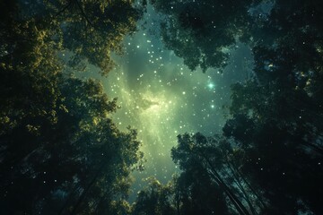 Fototapeta premium Night sky, stars, forest, trees, upward view, nature background, fantasy
