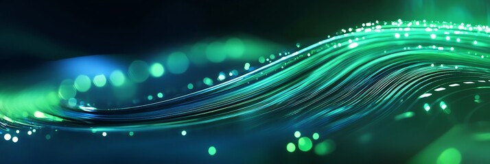 Flowing Green Lines with Glowing Particles Abstract Technology Background