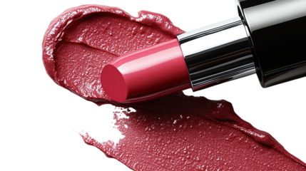 Rosy Red Kiss: An eye-level studio shot captures the sensuous allure of a tube of lipstick elegantly positioned atop a fresh, pigmented smear, highlighting the beauty product's texture and color.