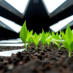 Low-angle shot of intricate origami-style plants and soil, folded paper aesthetic, geometric precision, upward perspective, dramatic lighting. Focus on geometric shapes