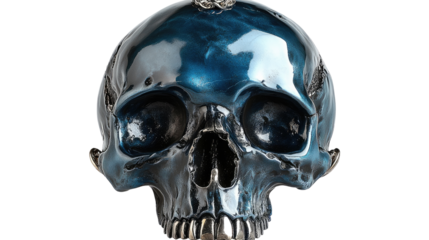 Gothic Skull Figurine: a metallic skull, evokes a sense of mystery and intrigue, with intricate details and a dark, gothic aesthetic. A piece of unique decor, symbol of memento mori.