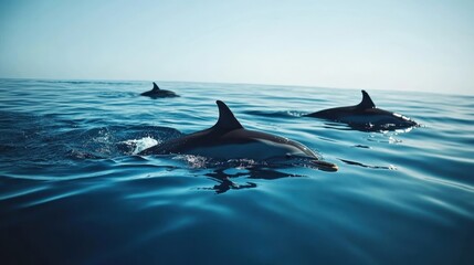 Fototapeta premium Three dolphins are swimming together gracefully in the ocean water