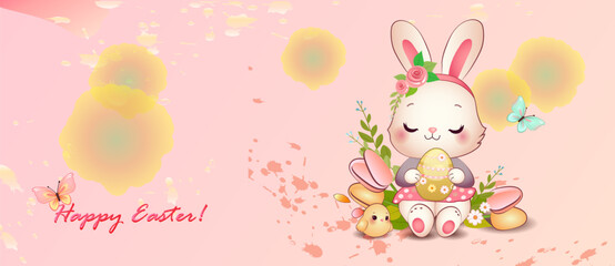 Adorable bunny with Easter egg among butterflies and flowers. Greeting card design template, banner -Happy Easter
