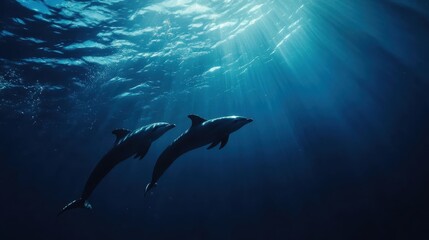 Fototapeta premium Two Dolphins Swimming Underneath Ocean Surface In Sunlit Waters