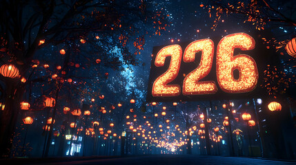 Pixel Art Style Glowing 226 Sign With Orange Lanterns And Fireworks In A Dark Winter City Street Night Celebration With Festive Atmosphere