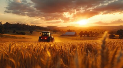 Fototapeta premium Golden Hour Harvest: Tractor in a Wheat Field at Sunset