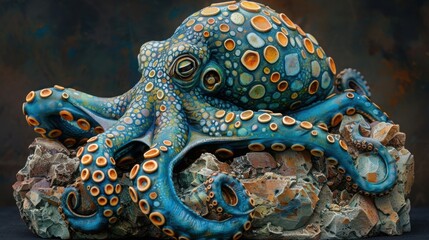 Fototapeta premium Colorful Octopus Sculpture on Rock with Detailed Patterns and Texture