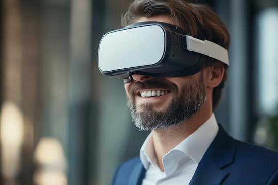 businessman wearing white virtual reality visor, smiling confidently in modern office environment. scene conveys innovation and excitement in technology