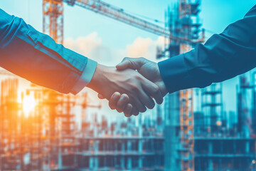 Building partnership handshake at construction site, symbolizing collaboration and trust in business