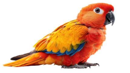 Sun Conure's Vibrant Plumage: A stunning sun conure bird showcases its radiant feathers and expressive eyes, ready to captivate viewers with its colorful personality.