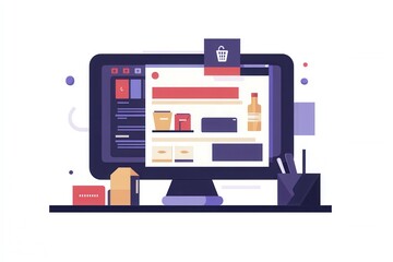 Stylized flat design illustration of an online grocery order summary on a digital screen featuring a modern and professional aesthetic