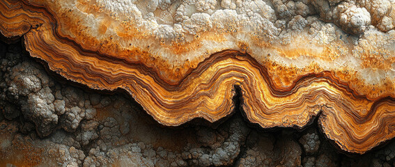 Wavy sedimentary rock mineral gem crystal rock surface revealing orange-brown layers, creating mesmerizing geological texture with natural abstract pattern